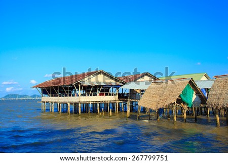 View of a fishing village. houses built on the  sea water