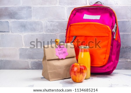 School lunch box and pink backpack on white background