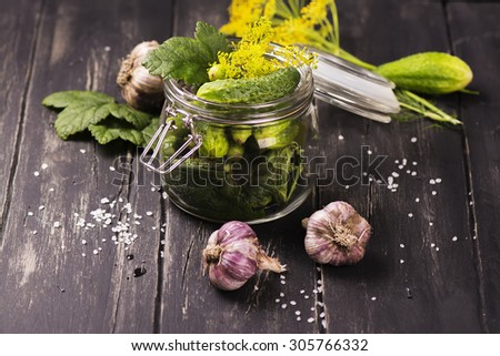 Pickled cucumbers with dill, garlic, sea salt and herbs in a glass jar over black rustic background. Rustic style. Selective focus