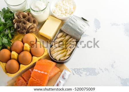 Natural sources of vitamin d. Healthy food background. Top view. Space for text