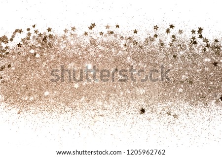 Rose gold glitter and glittering stars on white background in vintage colors