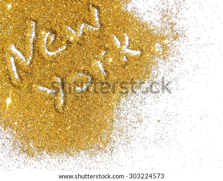 Blurry inscription New York on golden glitter sparkle on white background