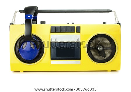 Retro ghetto blaster yellow with headphones, isolated on white with clipping path