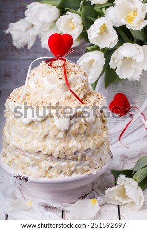 Cake cream with almond petals,homemade.selective focus