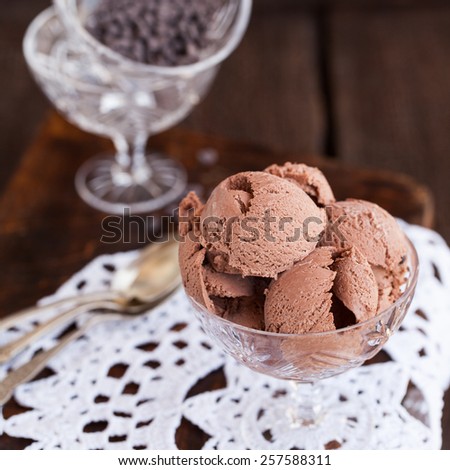 Chocolate ice cream in the ice-cream bowls.selective focus