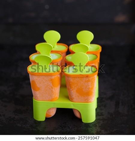Molds for plastic ice cream on a stick, on a dark background.selective focus