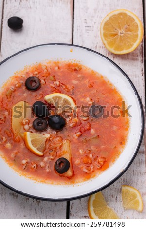 Soup Solyanka,Russian kitchen.