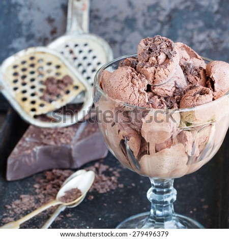 Chocolate ice-cream. The ice cream balls in a glass ramekin.
