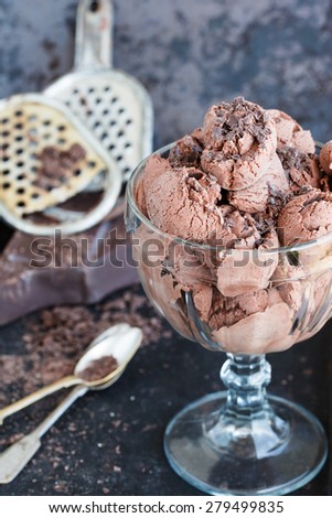 Chocolate ice-cream. The ice cream balls in a glass ramekin.