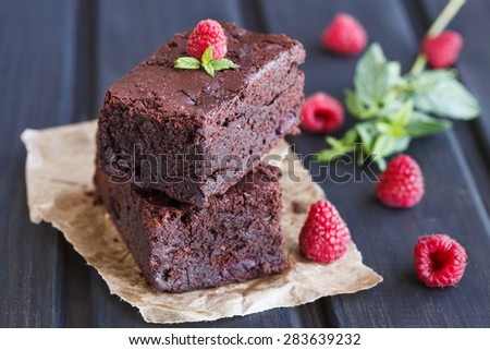 Chocolate brownie with raspberries.selective focus