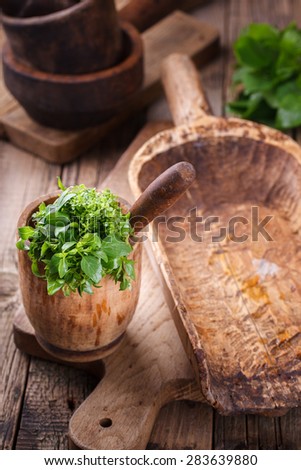 A bunch of Basil in an old bowl. Wooden old kitchenware.selective focus