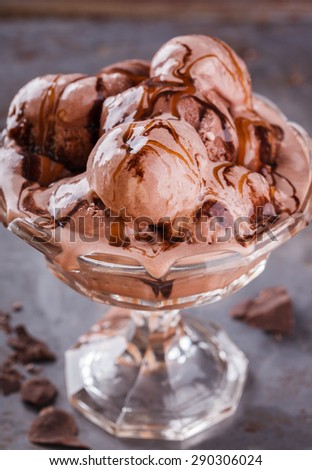 Chocolate ice-cream. The ice cream balls in a glass ramekin.selective focus