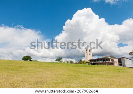 Wine restaurant on the hill with blue sky and cloud at Hunter Valley.