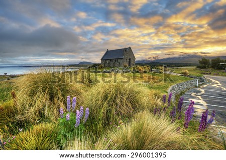 Good morning Church Of Good Shepherd with russell lupin flowers and nice morning sky, Lake Tekapo, Mackenzie, New Zealand