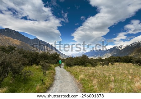Road to Aoraki - Mount Cook, Southern Alps, New Zealand. Trail in Hooker Valley to glacier, section of a track leading to highest peak of Southern Alps an icon of New Zealand.