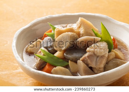 Japanese Cooking of simmered vegetable and chicken