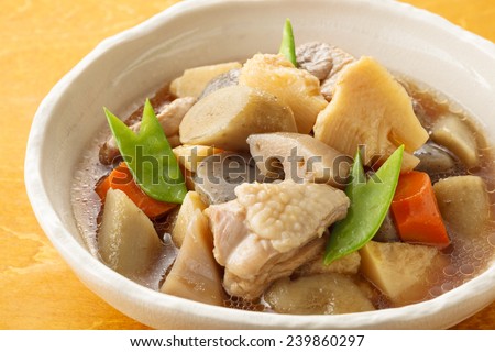 Japanese Cooking of simmered vegetable and chicken