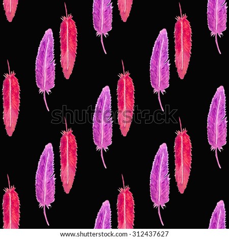 Seamless patern with color feathers/pink feathers/wathercolor feathers at the black background