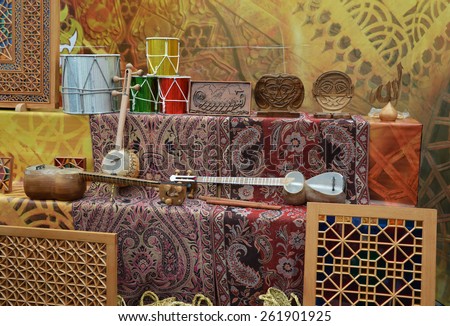 Fair dedicated to the celebration of Novruz holiday, Baku, Azerbaijan. National dishes, musical instruments and various souvenirs
