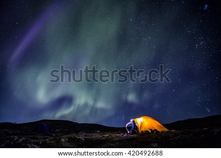 Camp, tent and Northern Lights in Lapland - Sweden