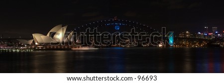 Panoramic View of Sydney Opera House and Harbour Bridge with 2005 new year decoration