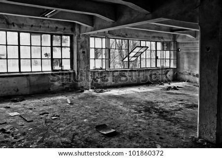 part of the production hall in an old abandoned factory, black and white