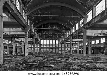 abandoned manufacturing facility black and white
