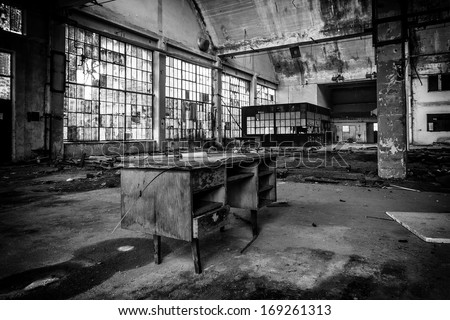 old factory inside black and white
