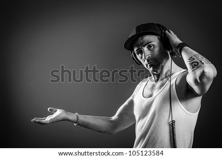 photo of a header concept with a dj in black and white