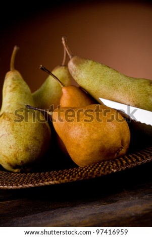 photo of pears on an old plate in poor art style