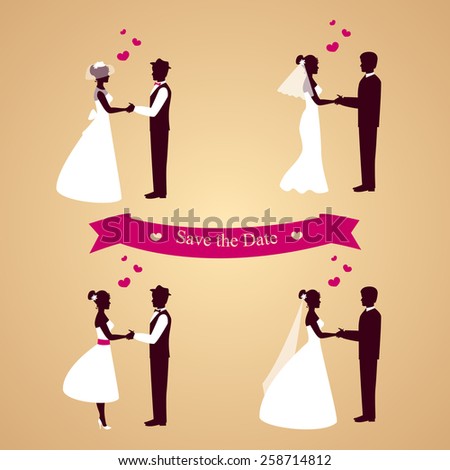 Vector set of vintage wedding cards,wife and husband on beige background with pink ribbon