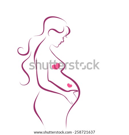 Pregnant woman with two hearts and long hair on white background