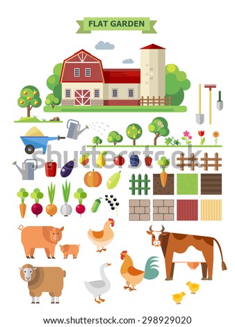 Flat farm set. Elements for game: sprites and tile sets. Vegetables, fruits and farm animals