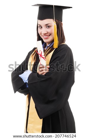 Stock image of female university graduate isolated on white background