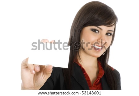 Stock image of businesswoman showing business card, selective focus on hand ( foreground ). Over white background.