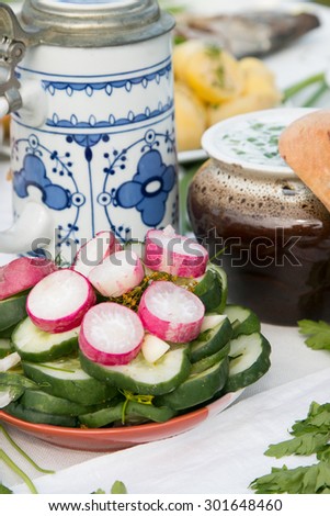 Red radishes and green cucumbers cut into rings lie on a circular plate.