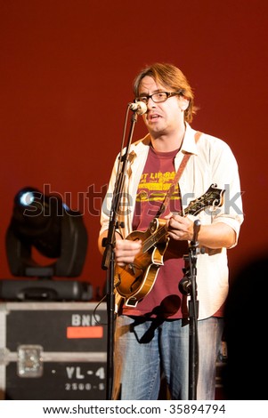 TARRYTOWN, NY - JULY 11: Jeff Austin of Yonder Mountain String Band sings and plays the mandolin during their performance at the Tarrytown Music Hall in Tarrytown, NY on July 11, 2009.