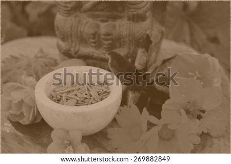 Old vintage photo style postcard red sandalwood chips cut (santali rubri, gabun) stone bowl ritual offering indian elephant god ganesha different fall / autumn flowers leaves (rose, calendula, etc)