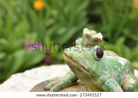 Waiting weathered stone frog statue waiting on a stone to be kissed in the garden, seen from birds eyes view looking up. Character from a Russian fairytale. Black eyes. Blurry background.