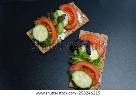 two crispy bread with tomato,cucumber and cottage cheese on a black matte background