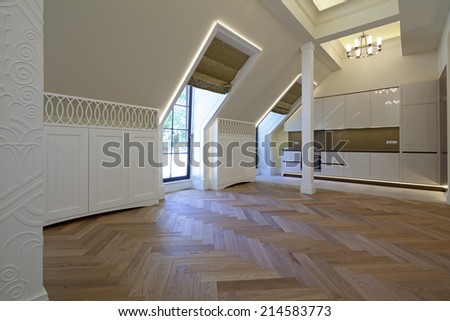 Interior of empty living room with kitchen