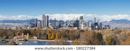 Very large panorama of Denver, Colorado skyline, with Rocky Mountains in the background.