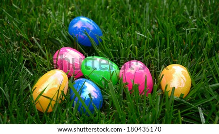 Solid color eggs on grass/Easter Egg Time/Multicolor eggs are lying on grass