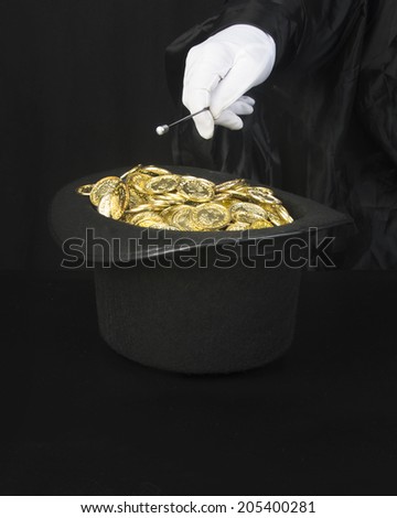 Gold in a hat/Magic Gold/Mysterious wand hat and a pile of gold in a magicians hat