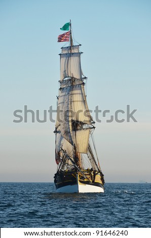 Tall ship at sea/Historic Tall Ship/Wooden hull sailing vessel at sea