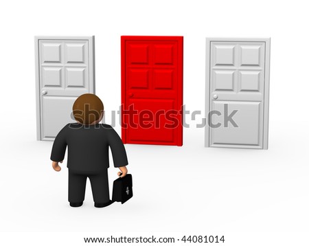 Businessman chooses door on white background
