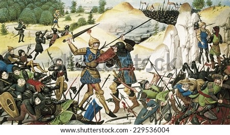 Battle of Roncevaux Pass (778), Knight Roland\'s death, Illuminated manuscript (14th c.), Gothic art, Miniature Painting