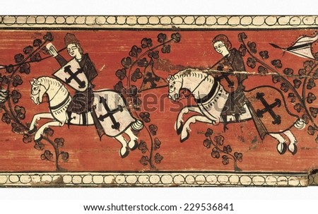 Standard Bearers Knights, 13th c. Detail, Painting on wood from de decoration of 13th century roof, Unknown origin, Tempera on wood,