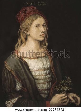 DURER, Albrecht (1471-1528), Self-portrait or Portrait of the Artist Holding a Thistle, 1493, Oil on parchment glued on to canvas, Oil,