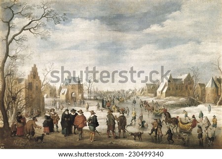 DROOCHSLOOT, Joost Cornelisz (1586-1666), Winter landscape with Skaters, 1629 - 1639, Baroque art, Oil on canvas,